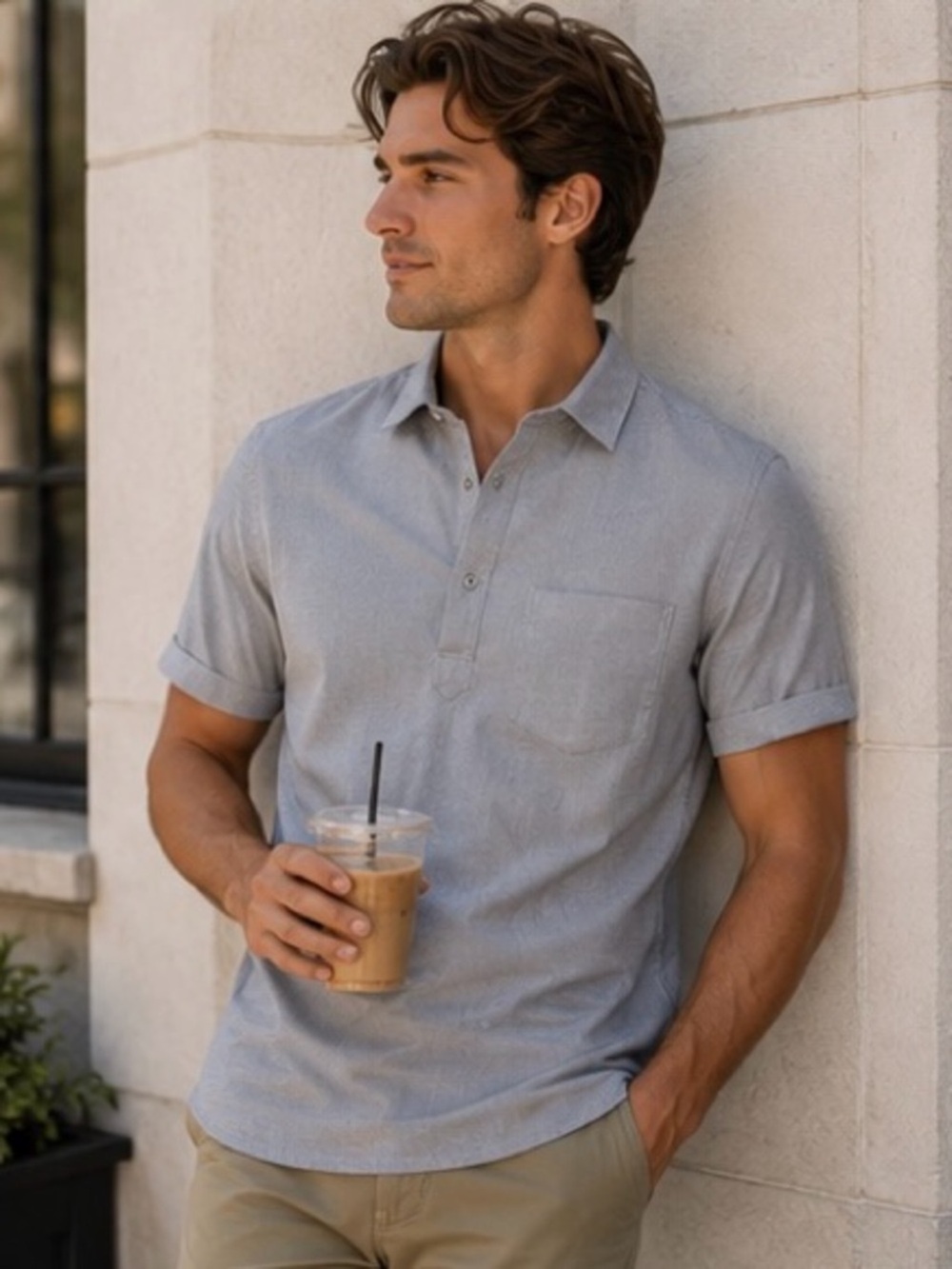 Old Navy Built-In Flex Micro Stripe Popover Shirt Gray Men’s M